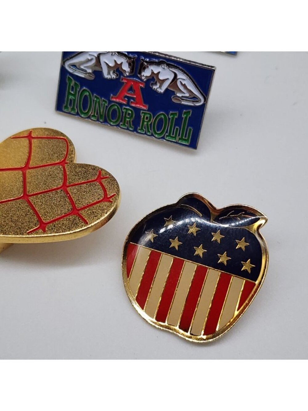 Vintage Teacher Enamel Pins Buttons Academic Honor Roll Tragedy Apple Heart USA - Picture 2 of 8
